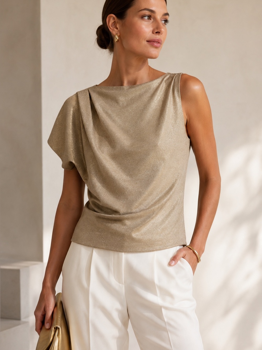 Chiara Boni La Petite Robe Gold Metallic Asymmetric Draped Top Italy Size XL